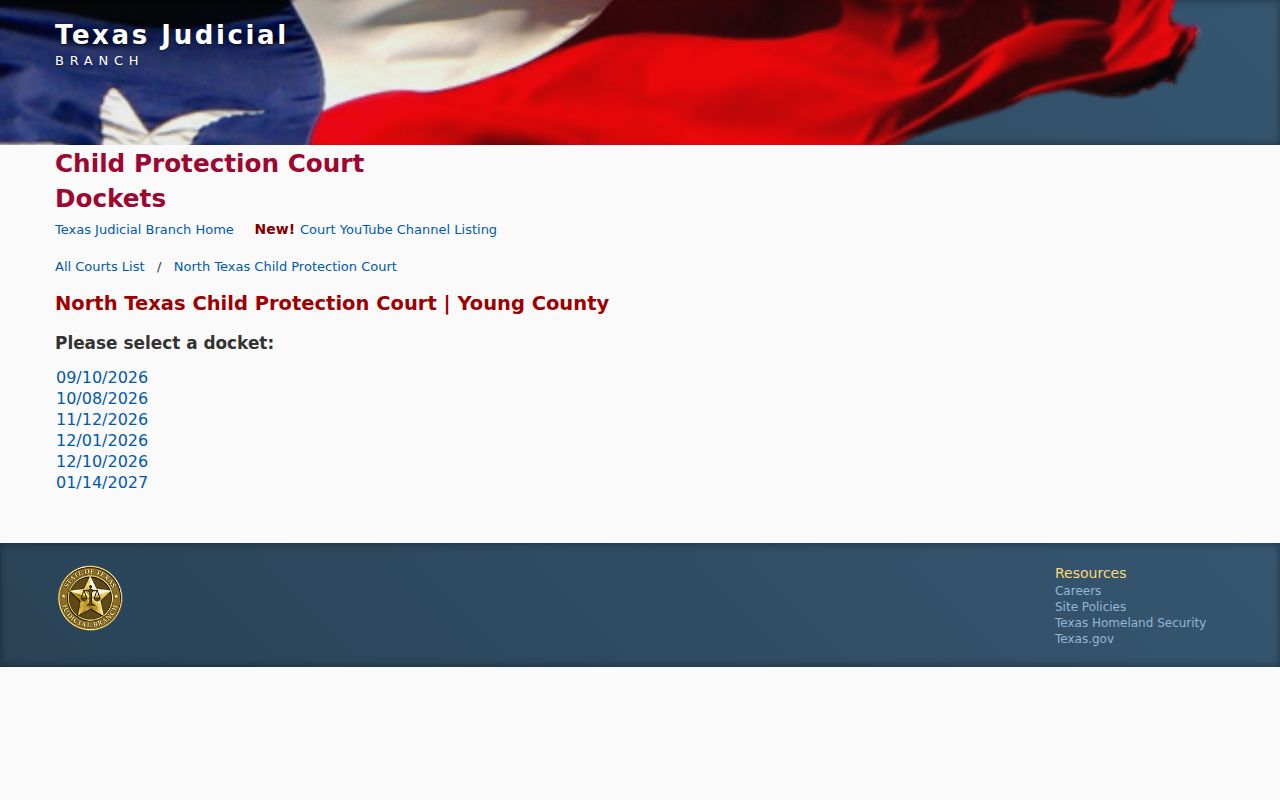 Young County court schedule child protection docket date selector