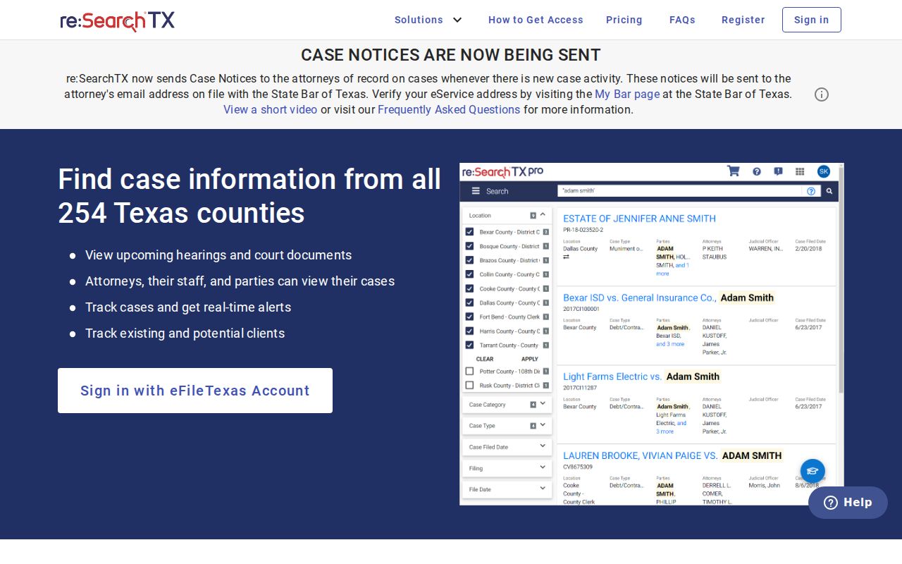 Young County docket search through the statewide re:SearchTX interface
