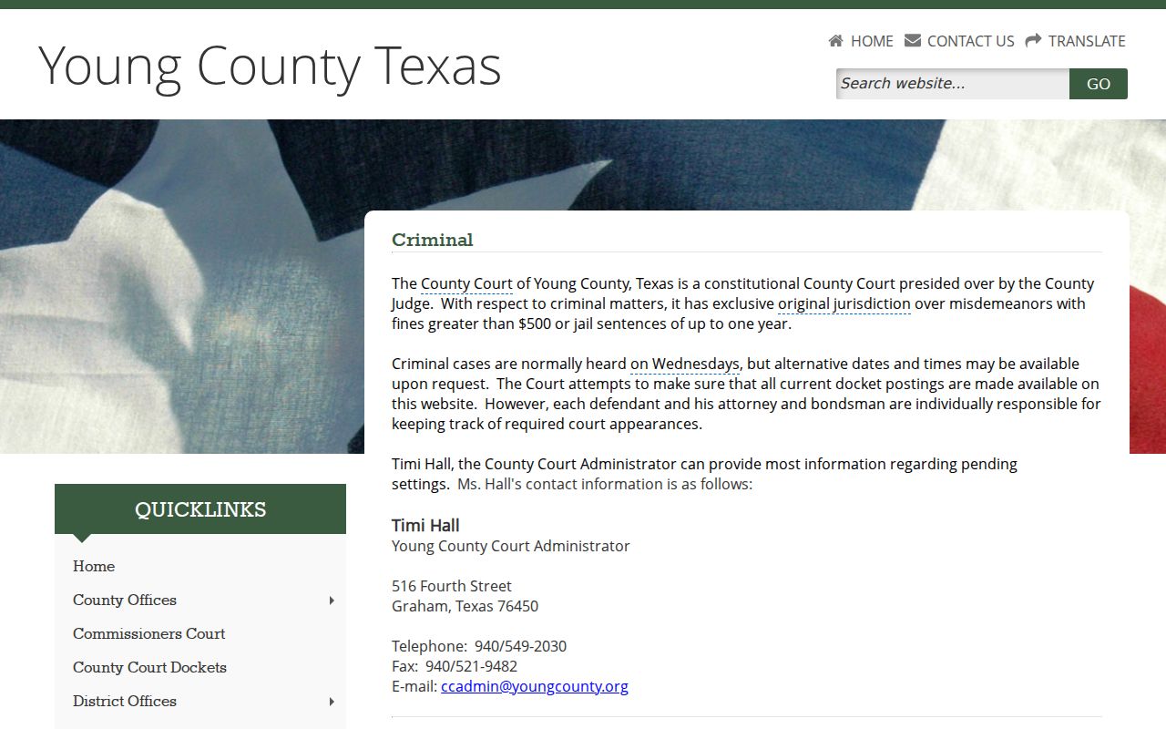 Young County criminal court docket information page