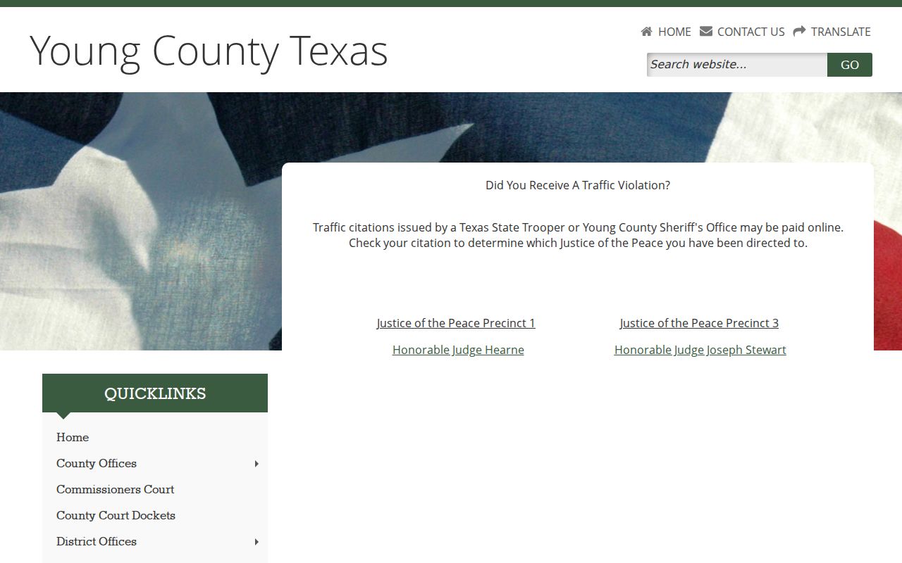 Young County traffic court page routing citations to the assigned justice court