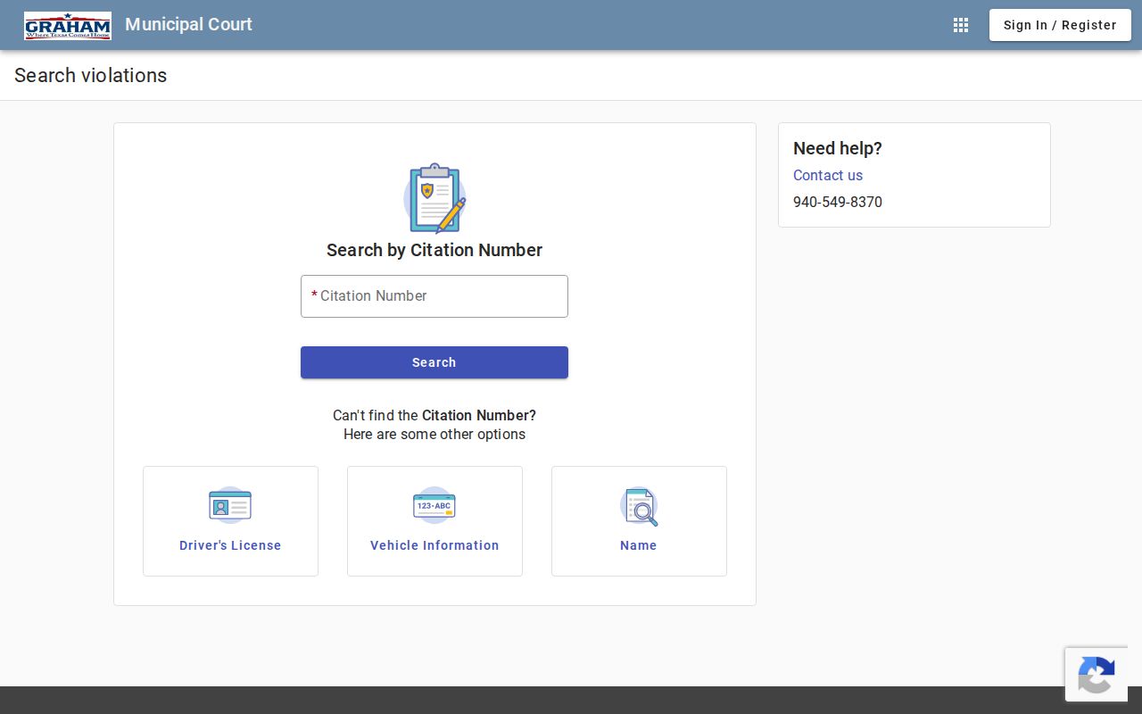Graham Municipal Court citation search tabs and lookup controls