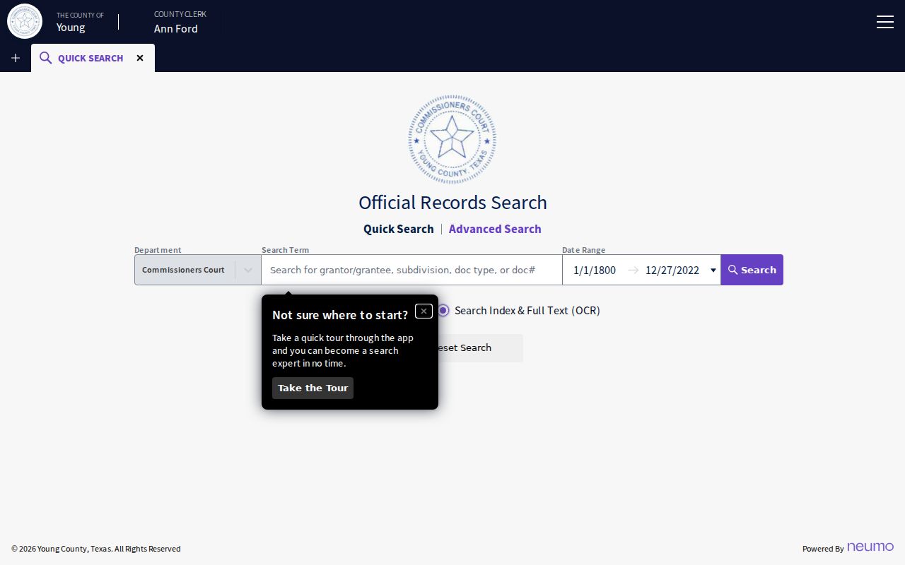 Young County docket search controls in the official records interface